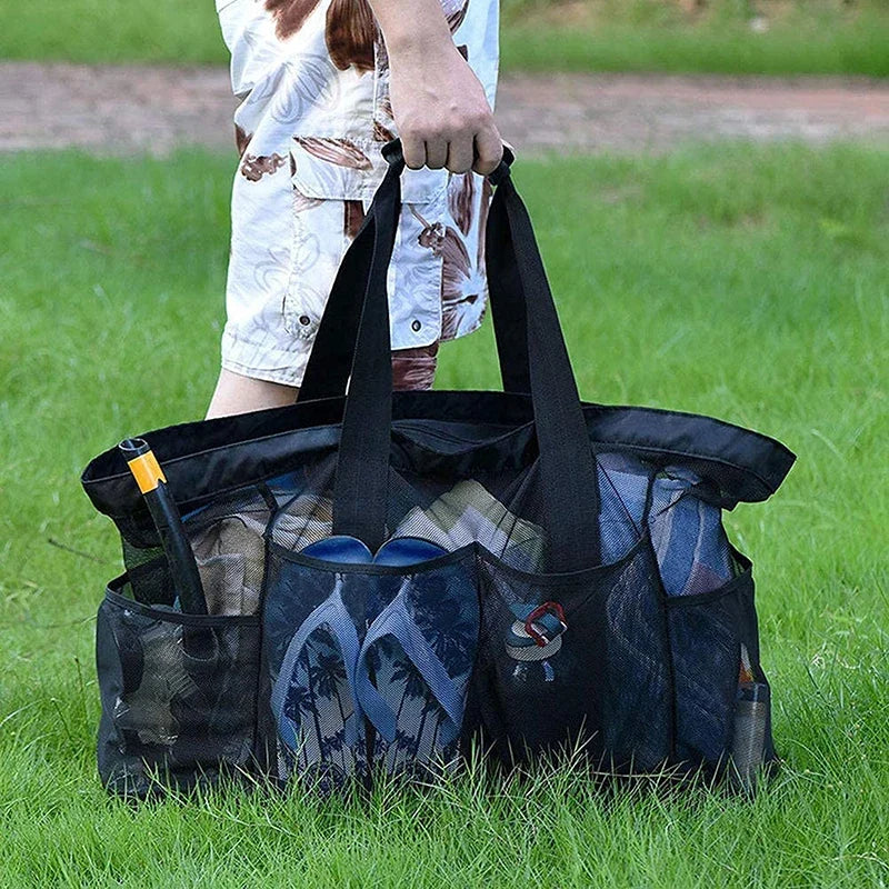 Grand sac de plage familial en maille, cinq poches, pliable