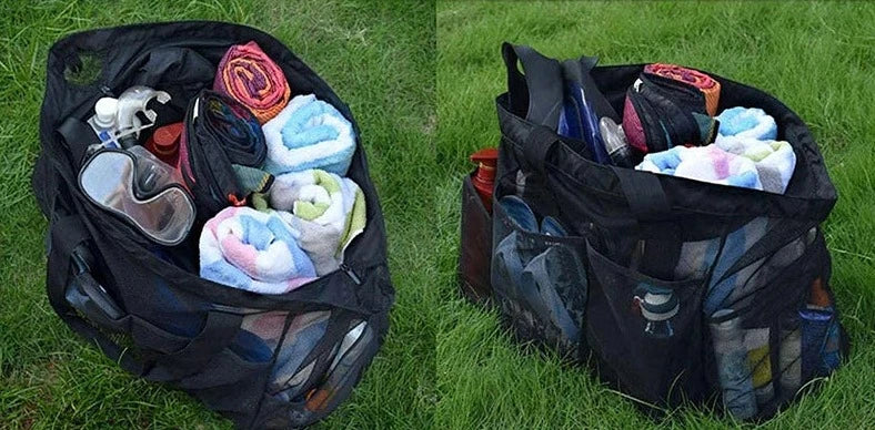 Grand sac de plage familial en maille, cinq poches, pliable