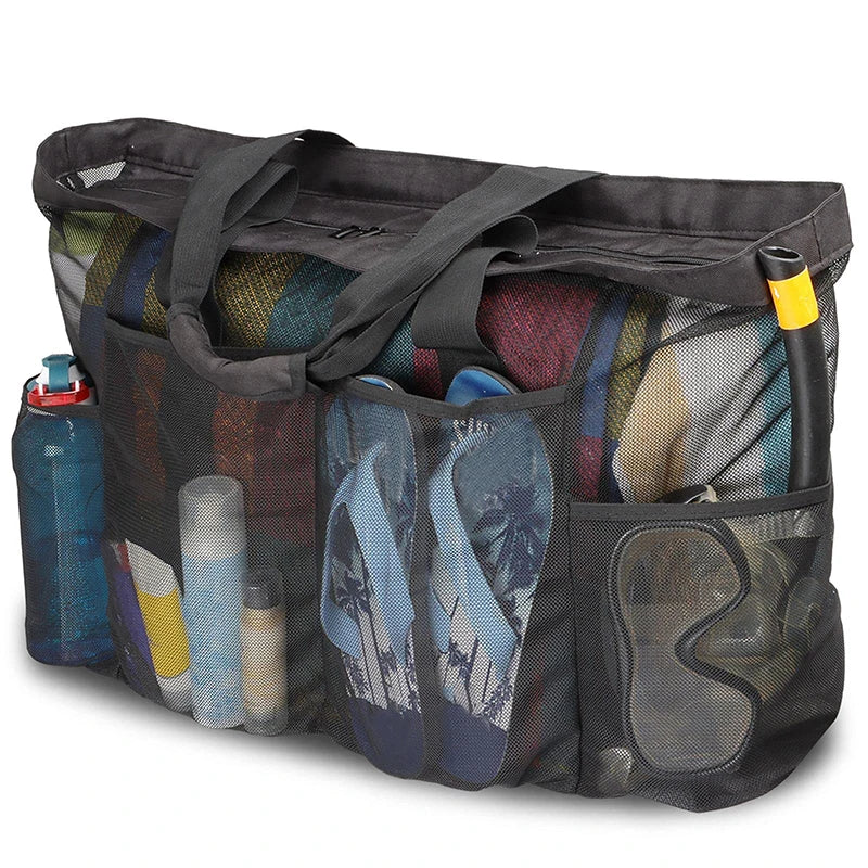 Grand sac de plage familial en maille, cinq poches, pliable