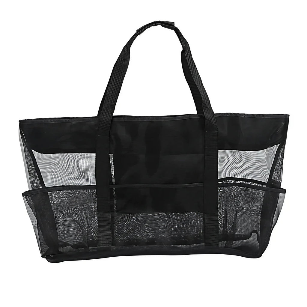Grand sac de plage familial en maille, cinq poches, pliable, noir