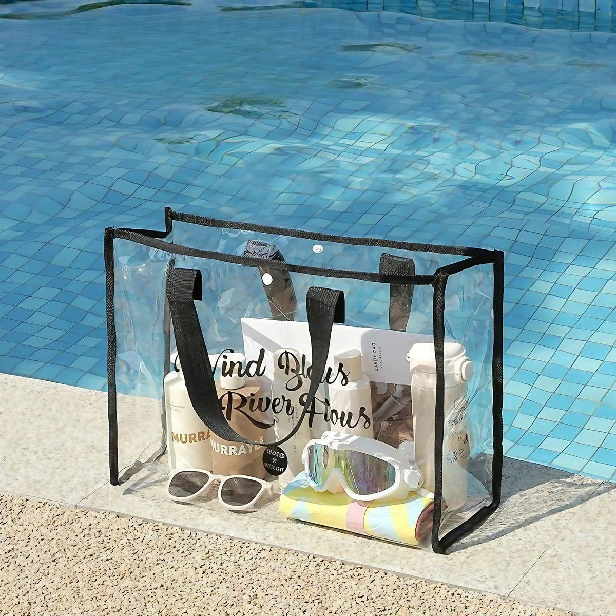Sac de plage transparent imperméable, 44 x 32 cm, quatre coloris, noir