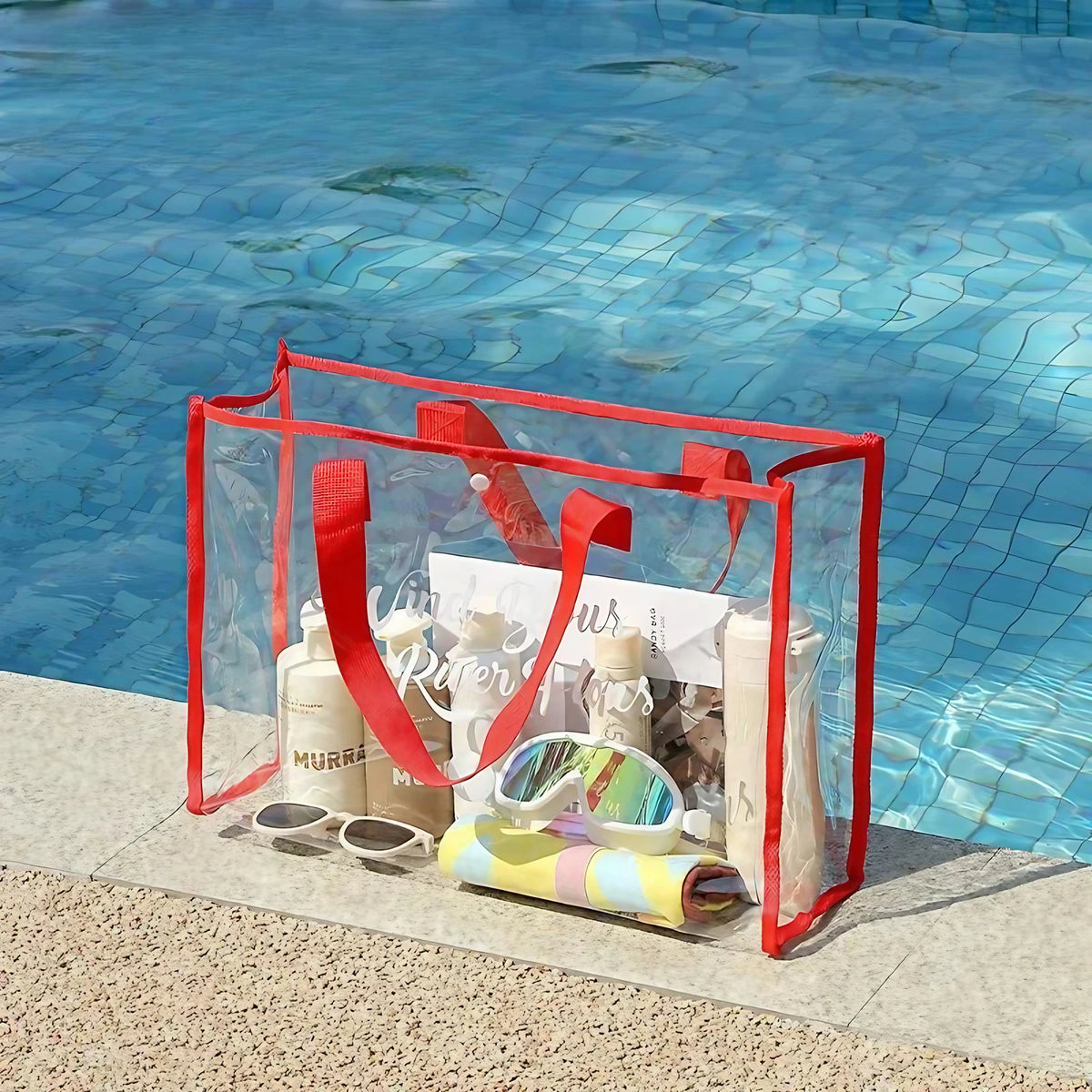 Sac de plage transparent imperméable, 44 x 32 cm, quatre coloris, rouge