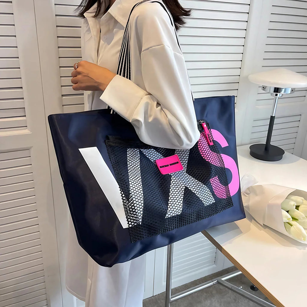 Grand sac de plage en nylon pliable, résistant à l'eau, bleu marine