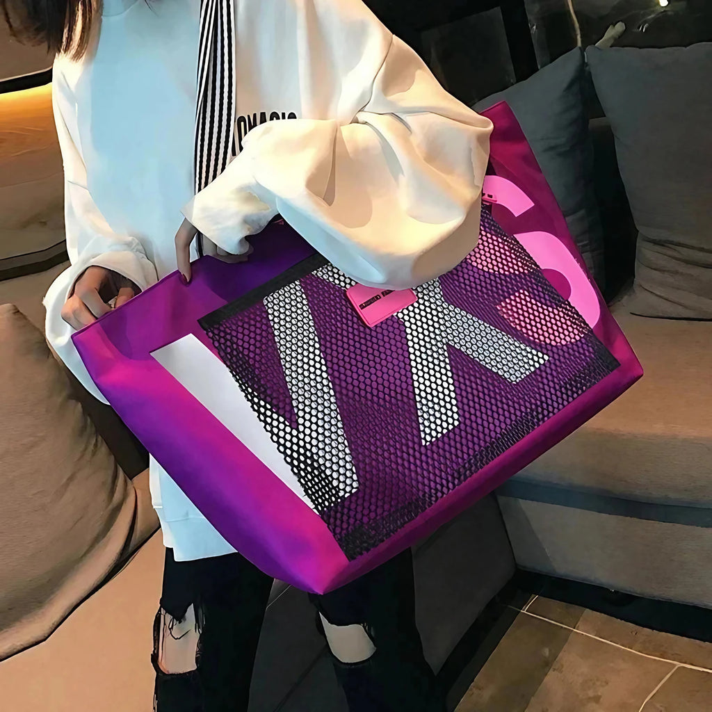Grand sac de plage en nylon pliable, résistant à l'eau, fuchsia