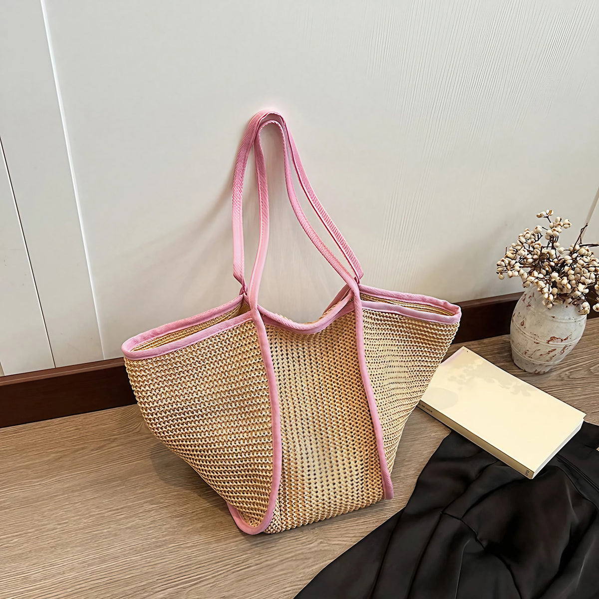Grand sac de plage femme pliable, forme évasée, trois coloris, rose