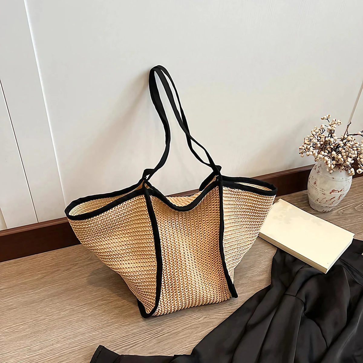 Grand sac de plage femme pliable, forme évasée, trois coloris, noir