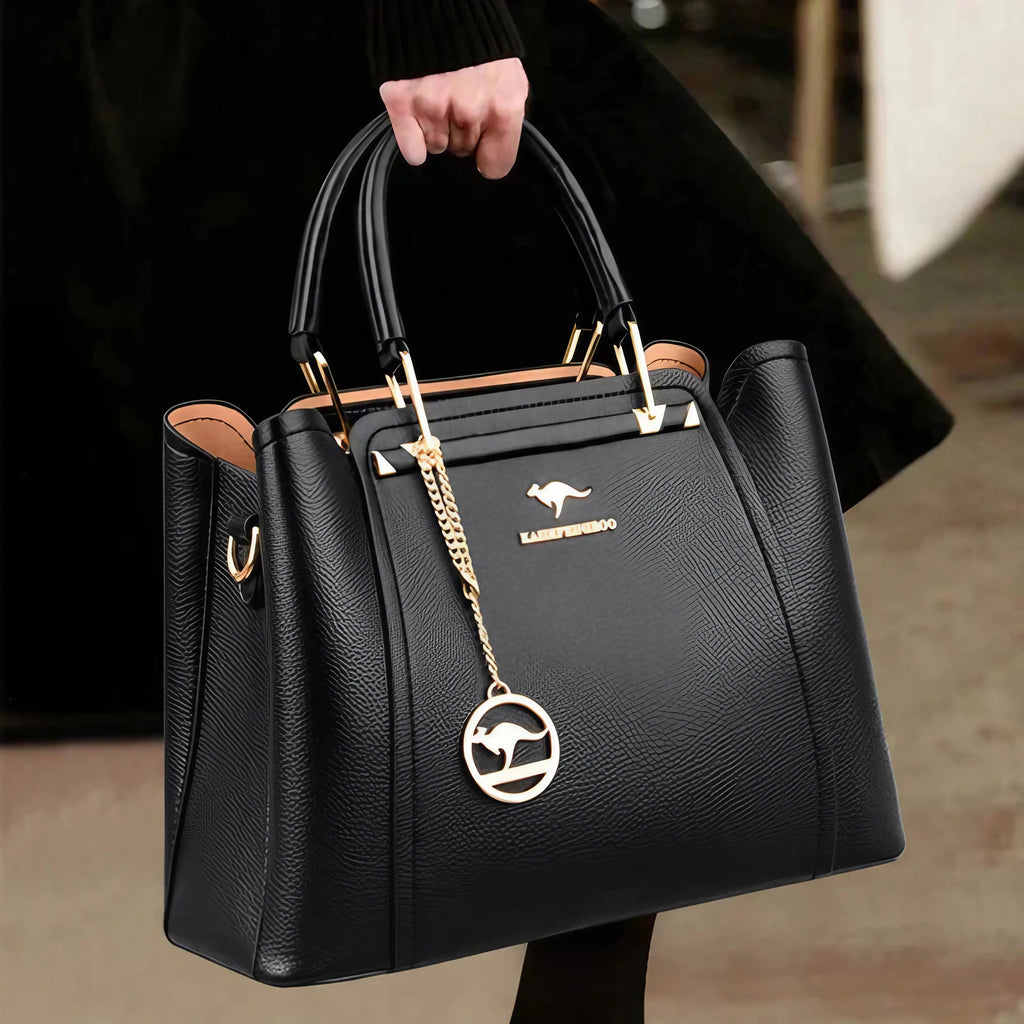 Grand sac à main femme en cuir souple, finitions dorées, noir