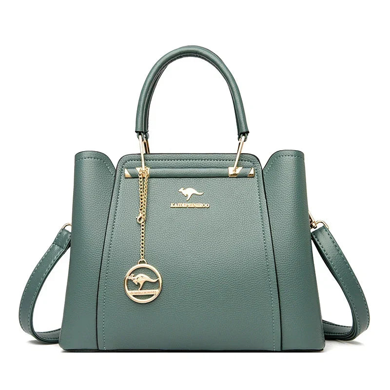 Grand sac à main femme en cuir souple, finitions dorées, vert