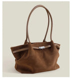 Grand sac à main femme en suède, forme trapèze, anses longues