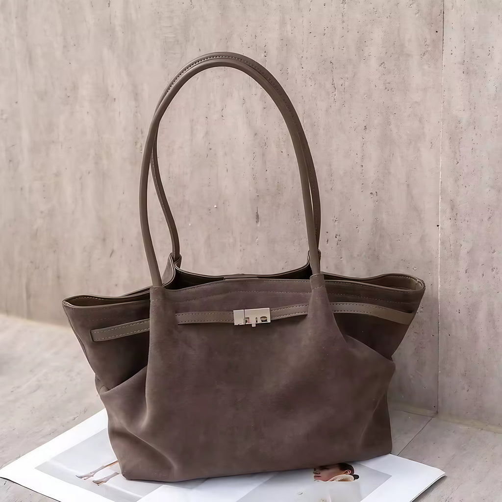 Grand sac à main femme en suède, forme trapèze, anses longues, gris