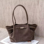 Grand sac à main femme en suède, forme trapèze, anses longues, gris