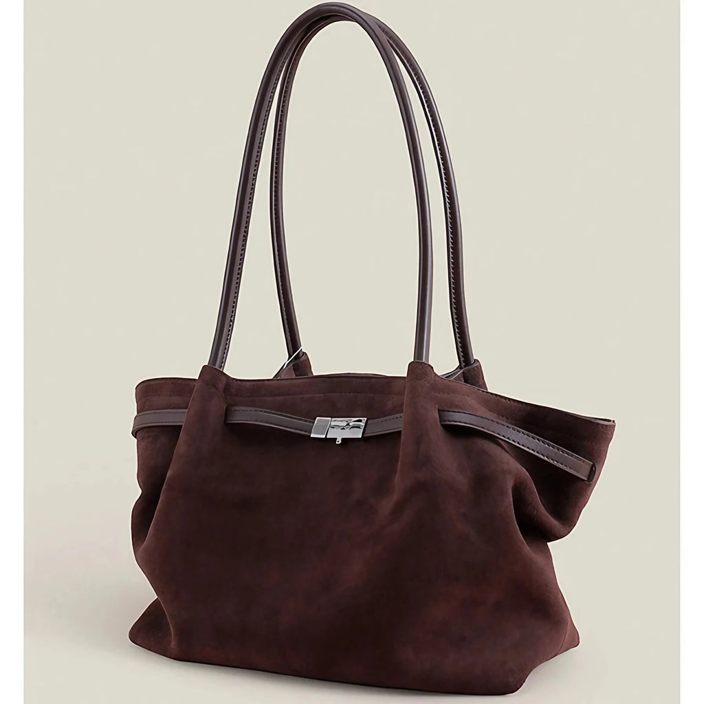 Grand sac à main femme en suède, forme trapèze, anses longues, café