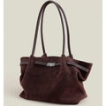 Grand sac à main femme en suède, forme trapèze, anses longues, café