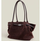 Grand sac à main femme en suède, forme trapèze, anses longues, café
