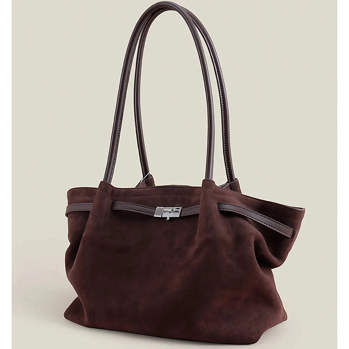 Grand sac à main femme en suède, forme trapèze, anses longues, café