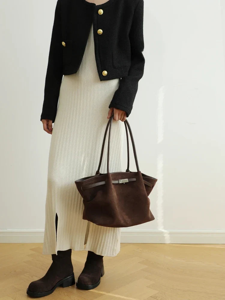 Grand sac à main femme en suède, forme trapèze, anses longues