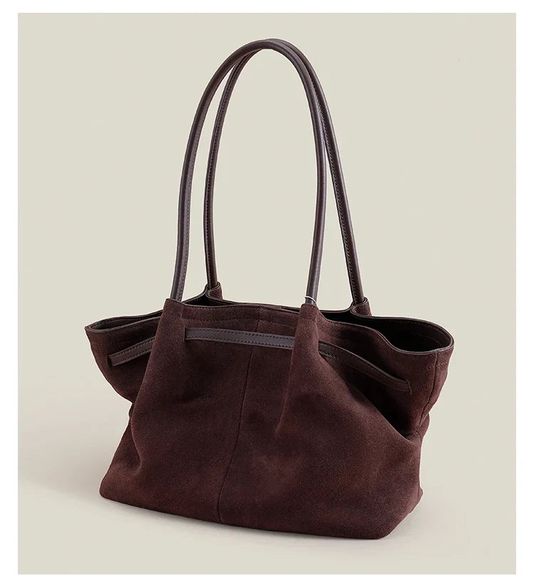 Grand sac à main femme en suède, forme trapèze, anses longues