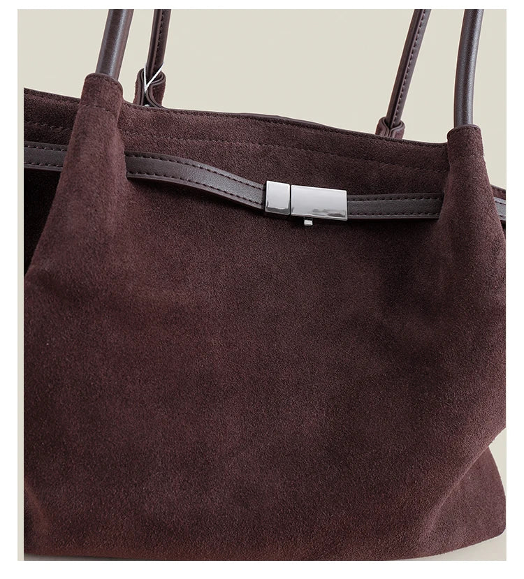 Grand sac à main femme en suède, forme trapèze, anses longues