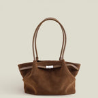 Grand sac à main femme en suède, forme trapèze, anses longues, camel