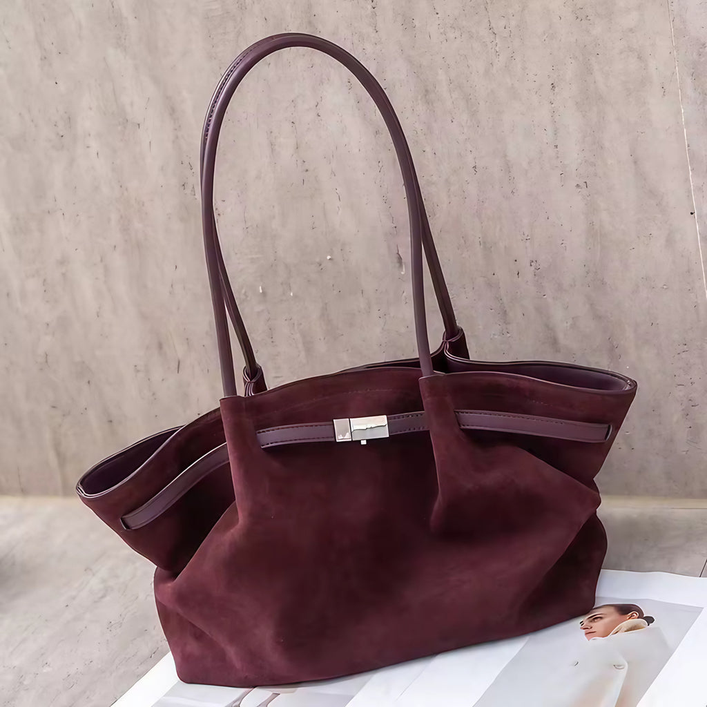 Grand sac à main femme en suède, forme trapèze, anses longues, bordeaux