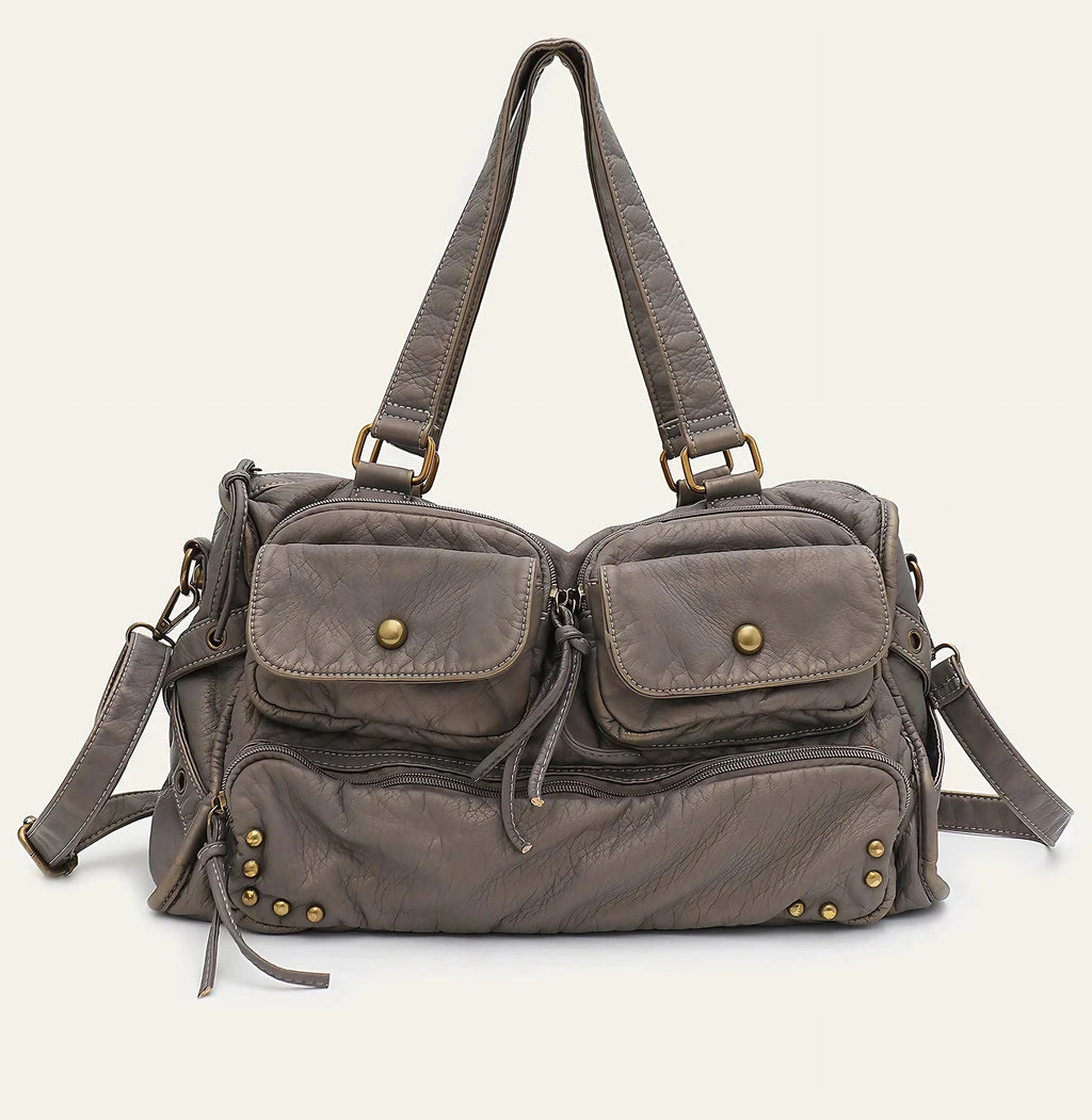 Grand sac à main femme gris à clous, 39 x 22 cm