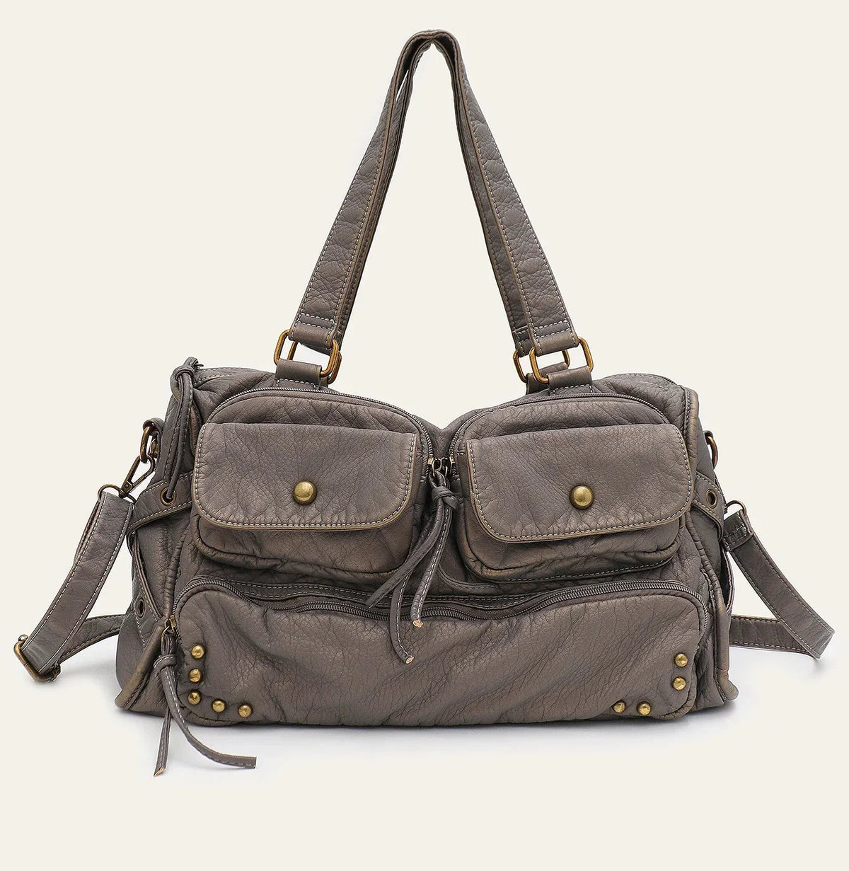 Grand sac à main femme gris à clous, 39 x 22 cm