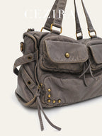 Grand sac à main femme gris à clous, 39 x 22 cm
