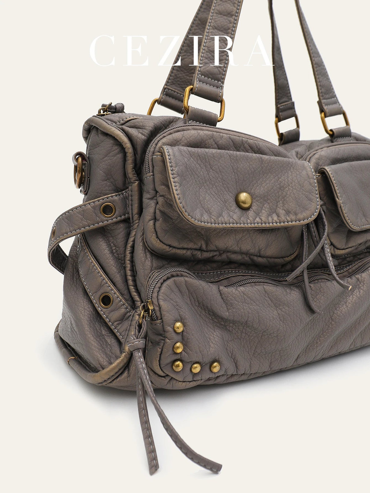 Grand sac à main femme gris à clous, 39 x 22 cm