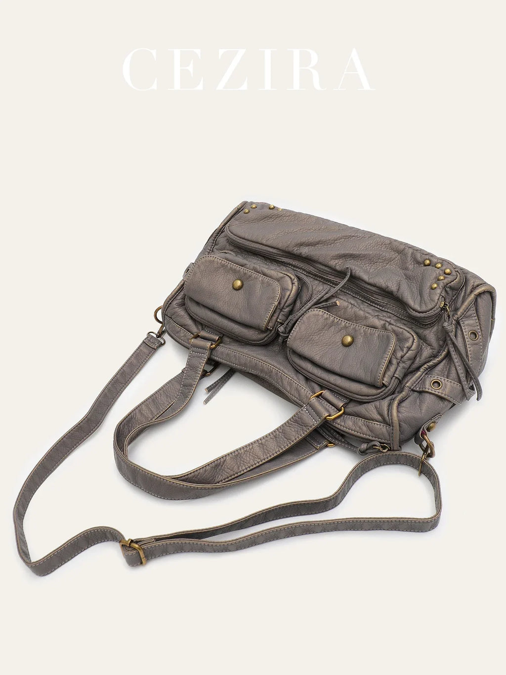 Grand sac à main femme gris à clous, 39 x 22 cm
