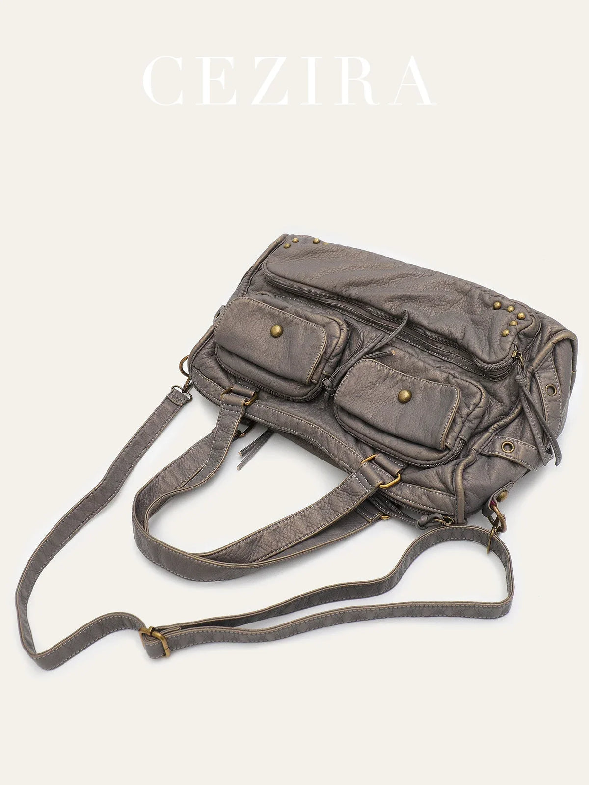 Grand sac à main femme gris à clous, 39 x 22 cm