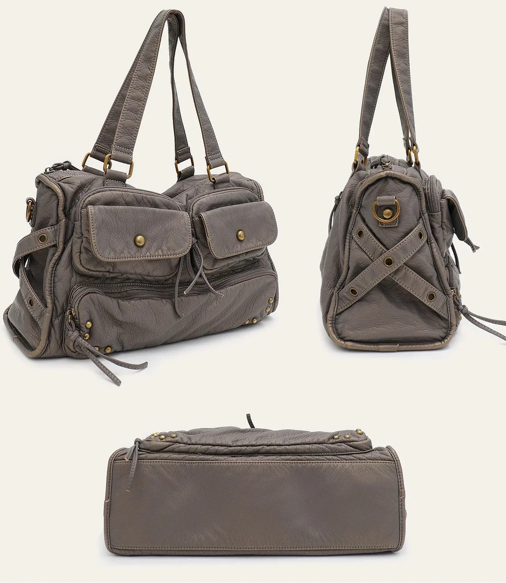 Grand sac à main femme gris à clous, 39 x 22 cm
