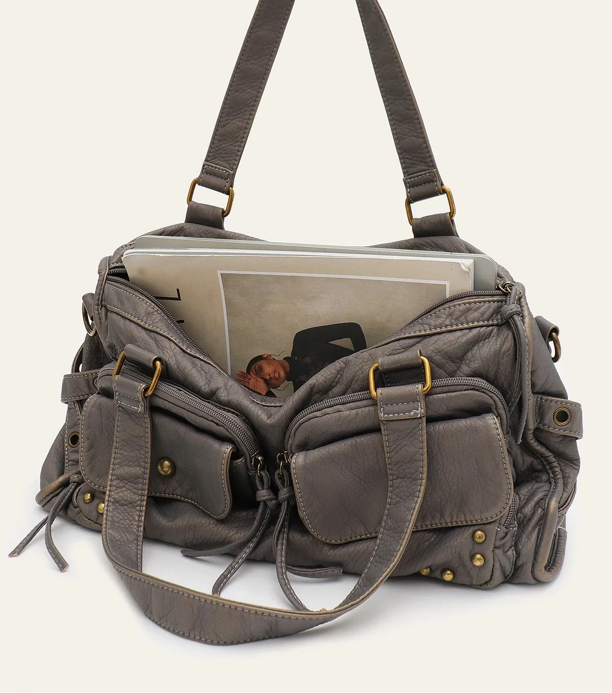 Grand sac à main femme gris à clous, 39 x 22 cm
