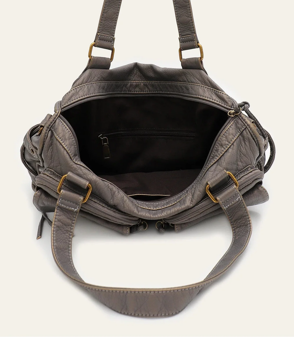 Grand sac à main femme gris à clous, 39 x 22 cm