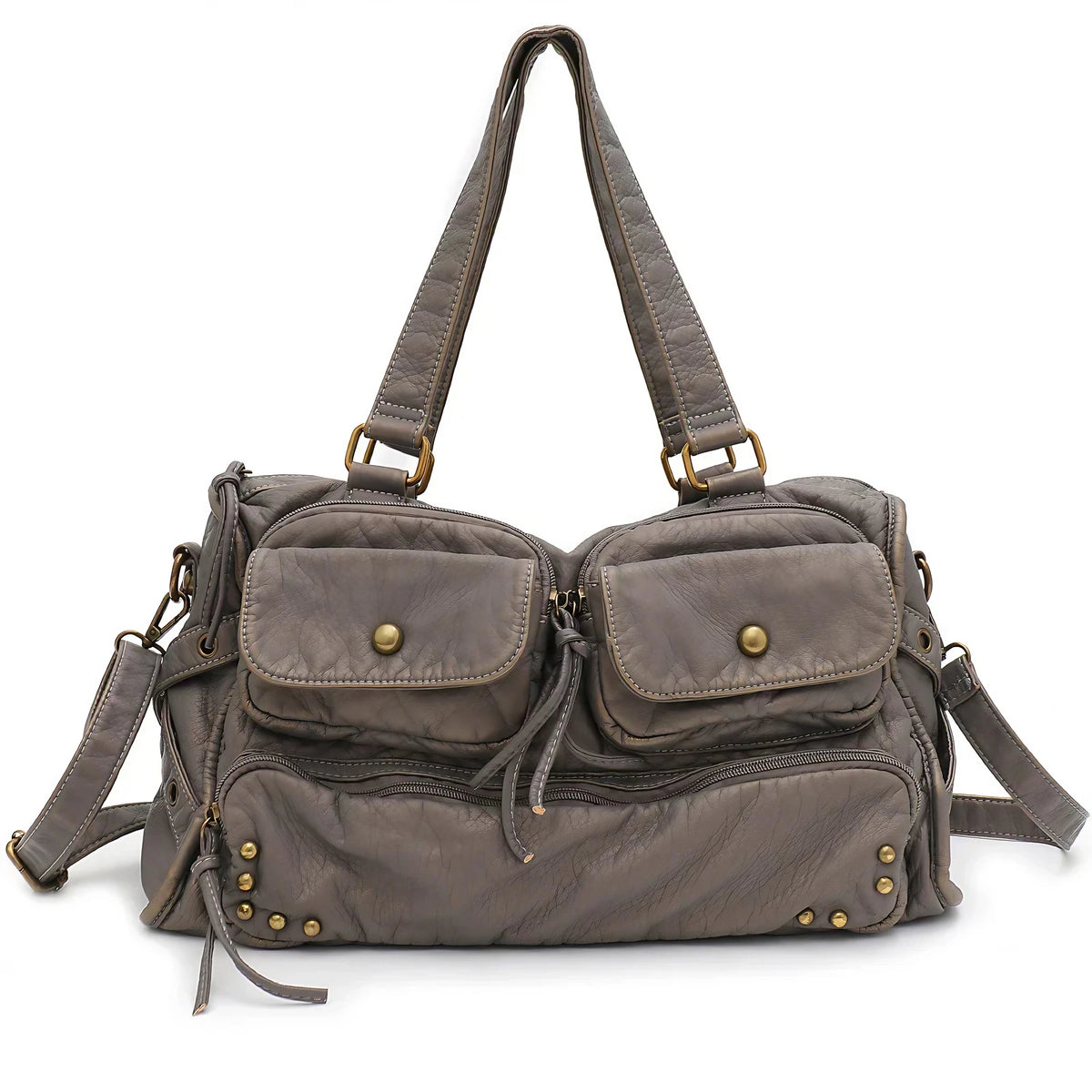 Grand sac à main femme gris à clous, 39 x 22 cm, gris
