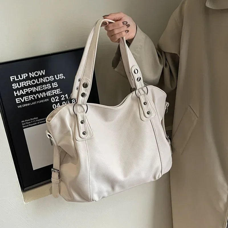 Grand sac à main femme en cuir souple, format A4 et ordinateur, blanc