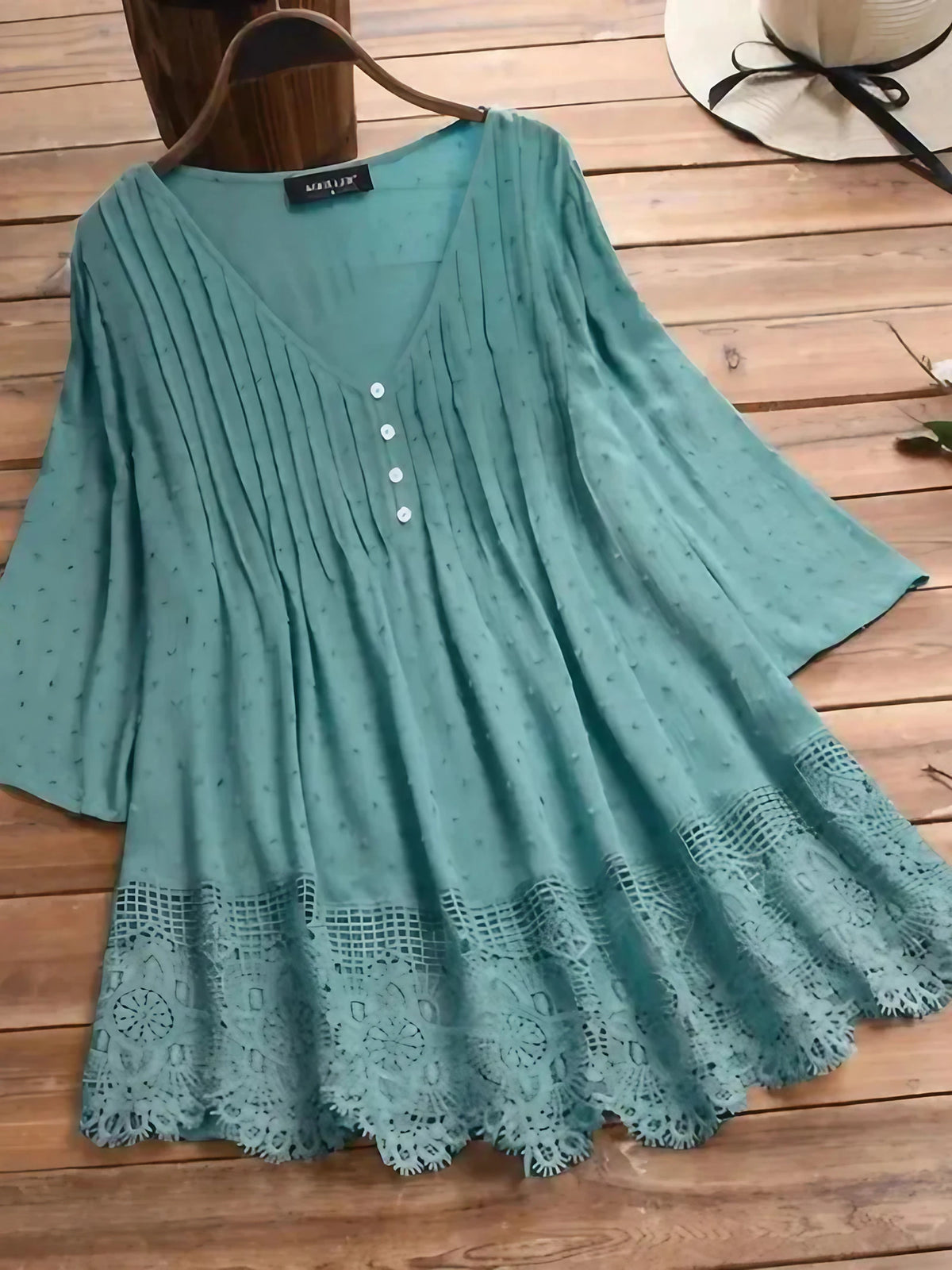 Haut en dentelle femme col V, quatre coloris, du S au 5XL, bleu-vert