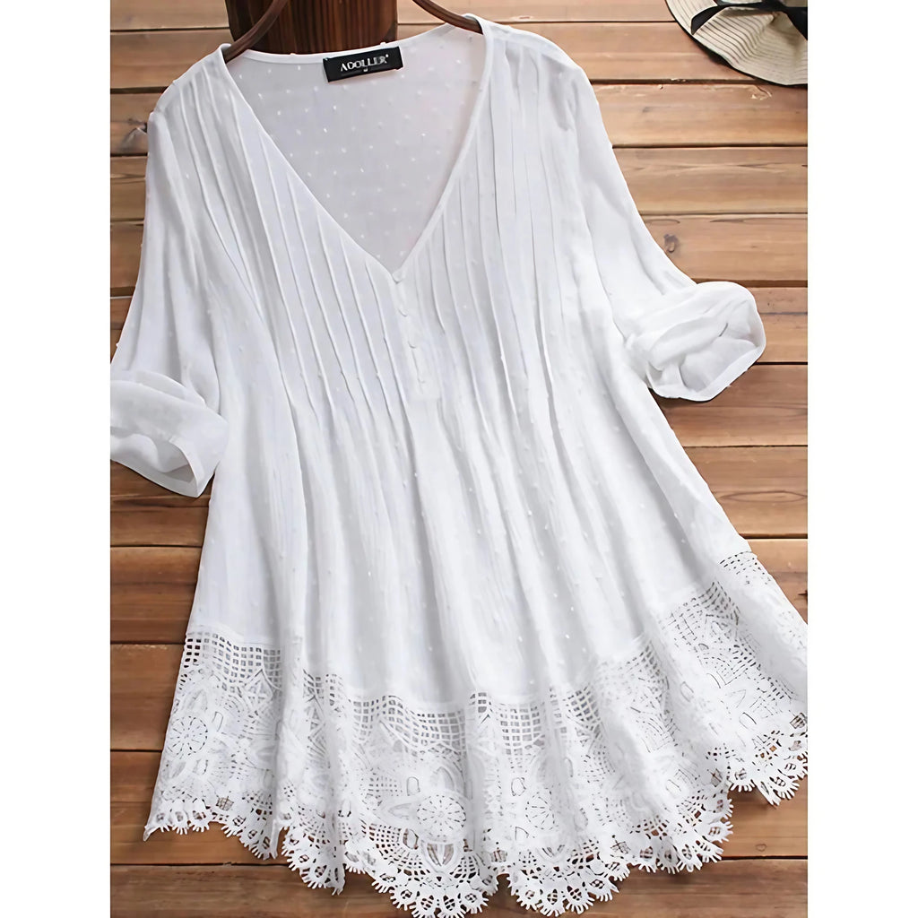 Haut en dentelle femme col V, quatre coloris, du S au 5XL, blanc