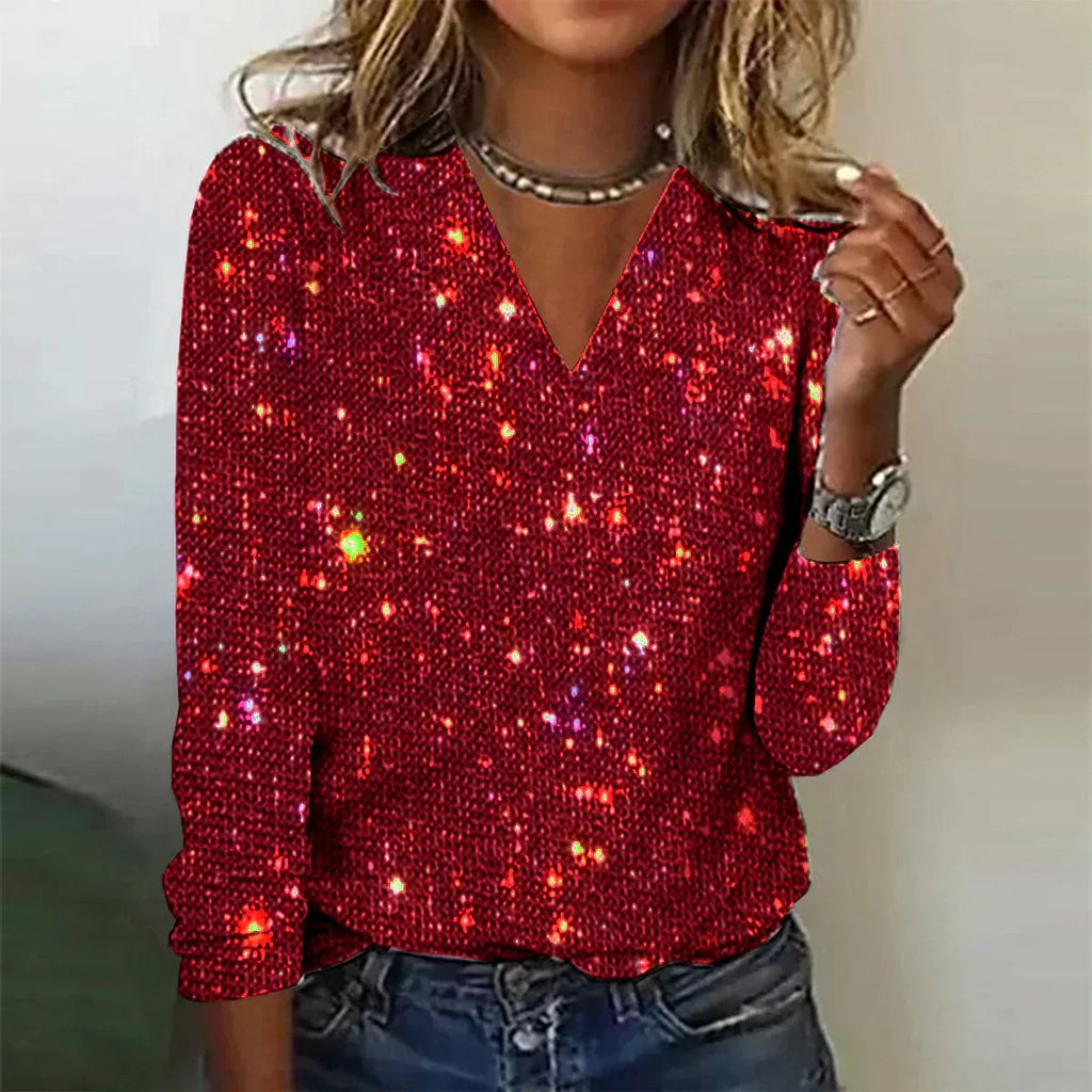 Haut scintillant femme col V, argenté, rouge ou noir, rouge