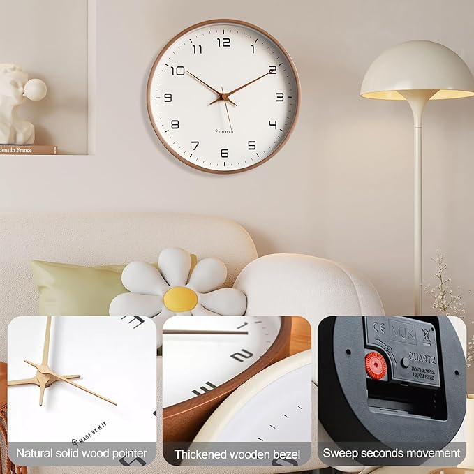 Horloge murale en bois style scandinave, mécanisme à quartz