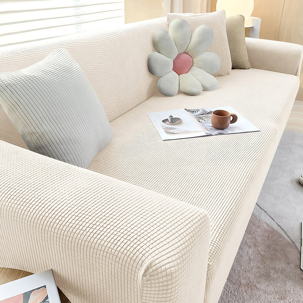 Housse de canapé extensible antidérapante, de 1 à 4 places, beige blanc