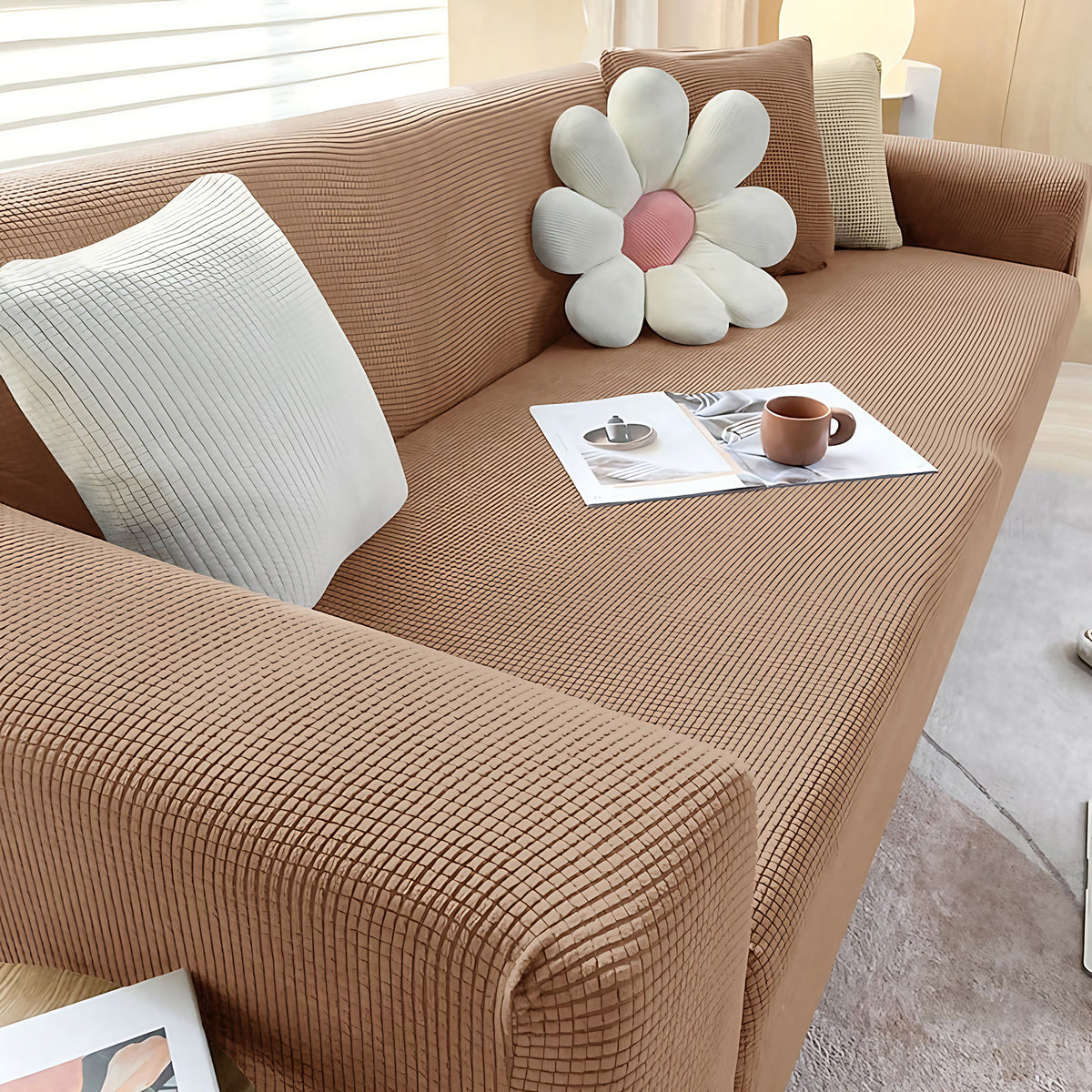 Housse de canapé extensible antidérapante, de 1 à 4 places, brun