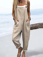 Combinaison salopette femme jambe large, imprimé rétro, sans manches, blanc