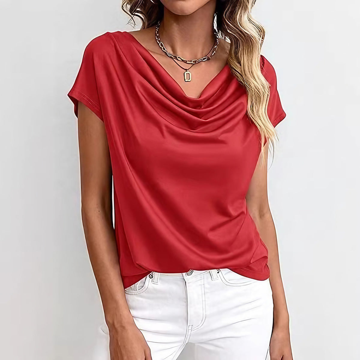 Top femme à manches courtes, col rond, coupe ample et droite, rouge