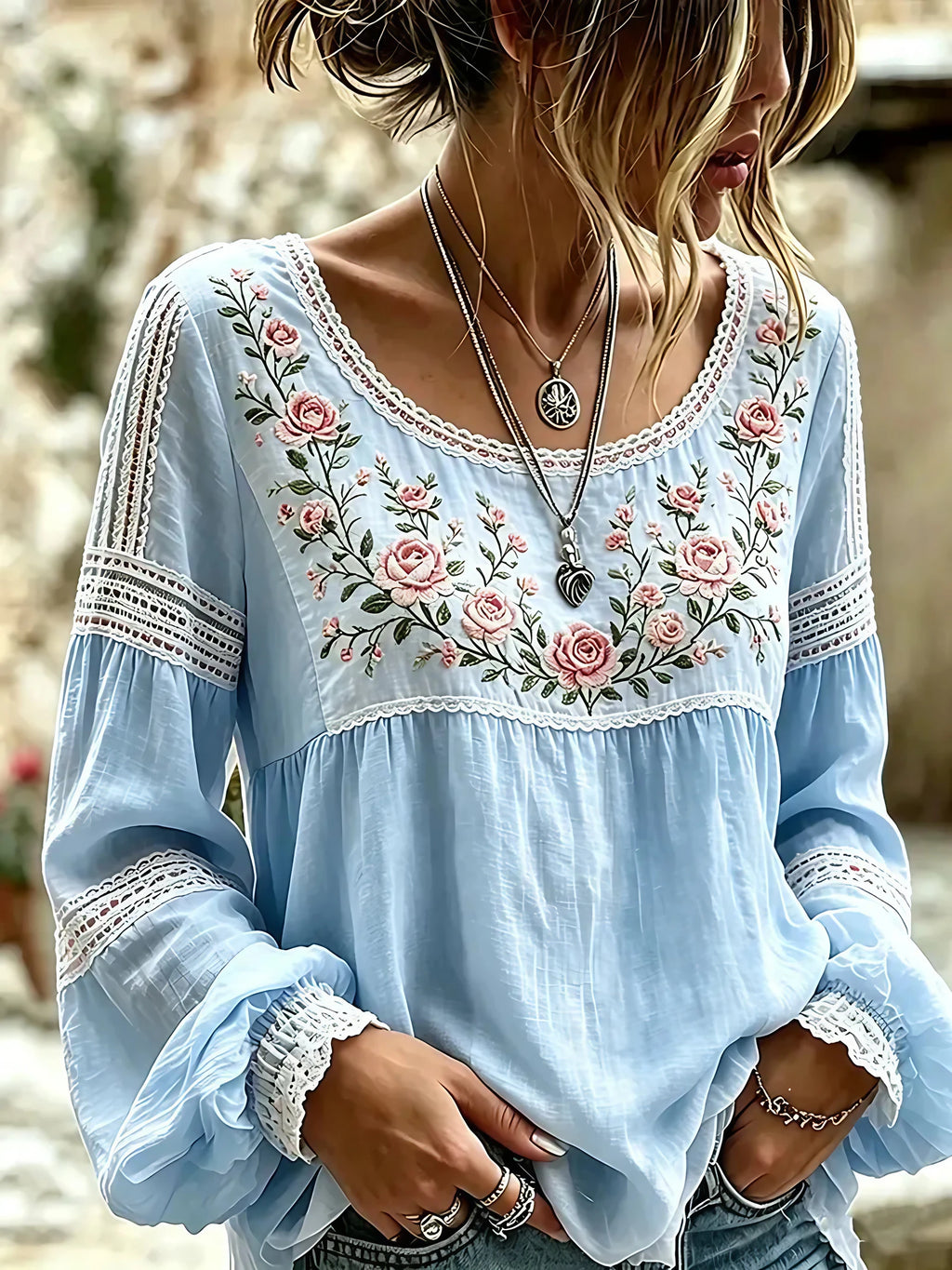 Blouse femme brodée de fleurs, style bohème, manches longues, bleu