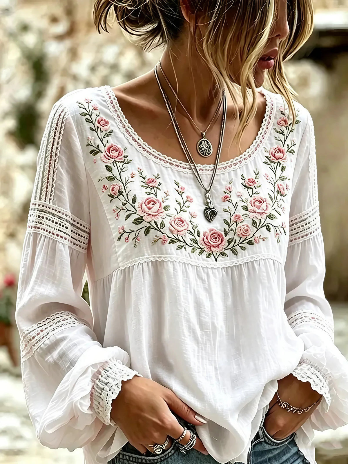 Blouse femme brodée de fleurs, style bohème, manches longues, blanc fleuri