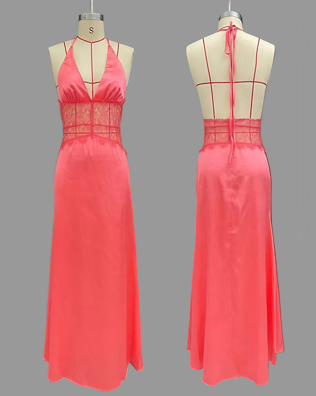 Robe longue satinée dos nu, encolure américaine et fente, rouge pastèque