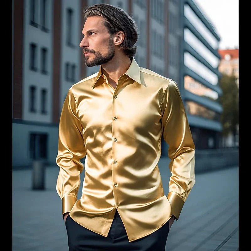 Chemise homme en satin, finition brillante, huit coloris, jaune
