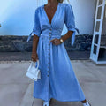 Robe chemise longue en jean boutonnée, manches 3/4 nouées