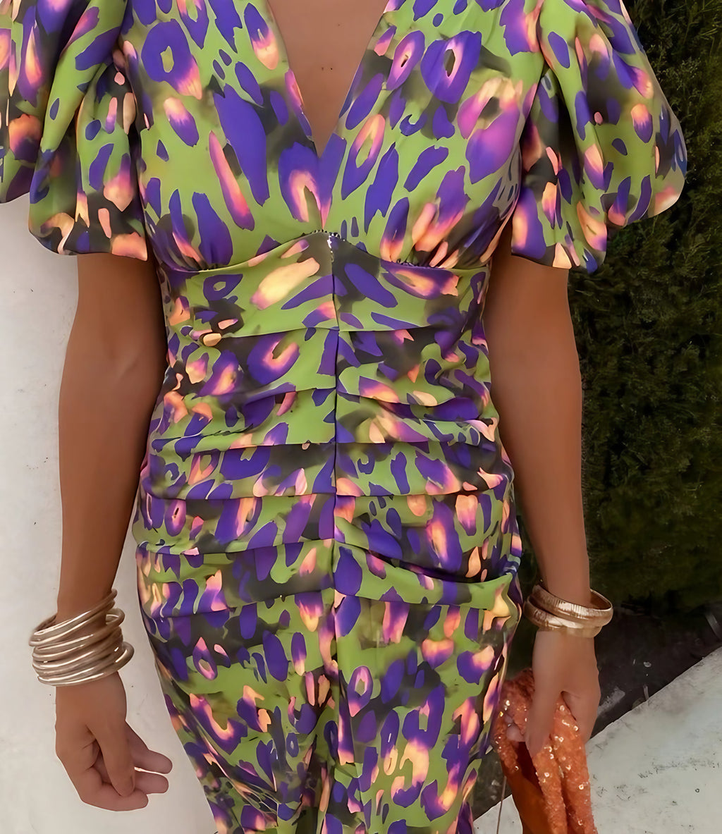 Robe longue imprimée à manches bouffantes et col V, multicolore