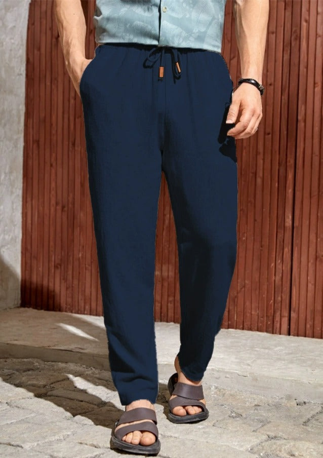 Pantalon d'été homme coupe droite à cordon de serrage, bleu marine